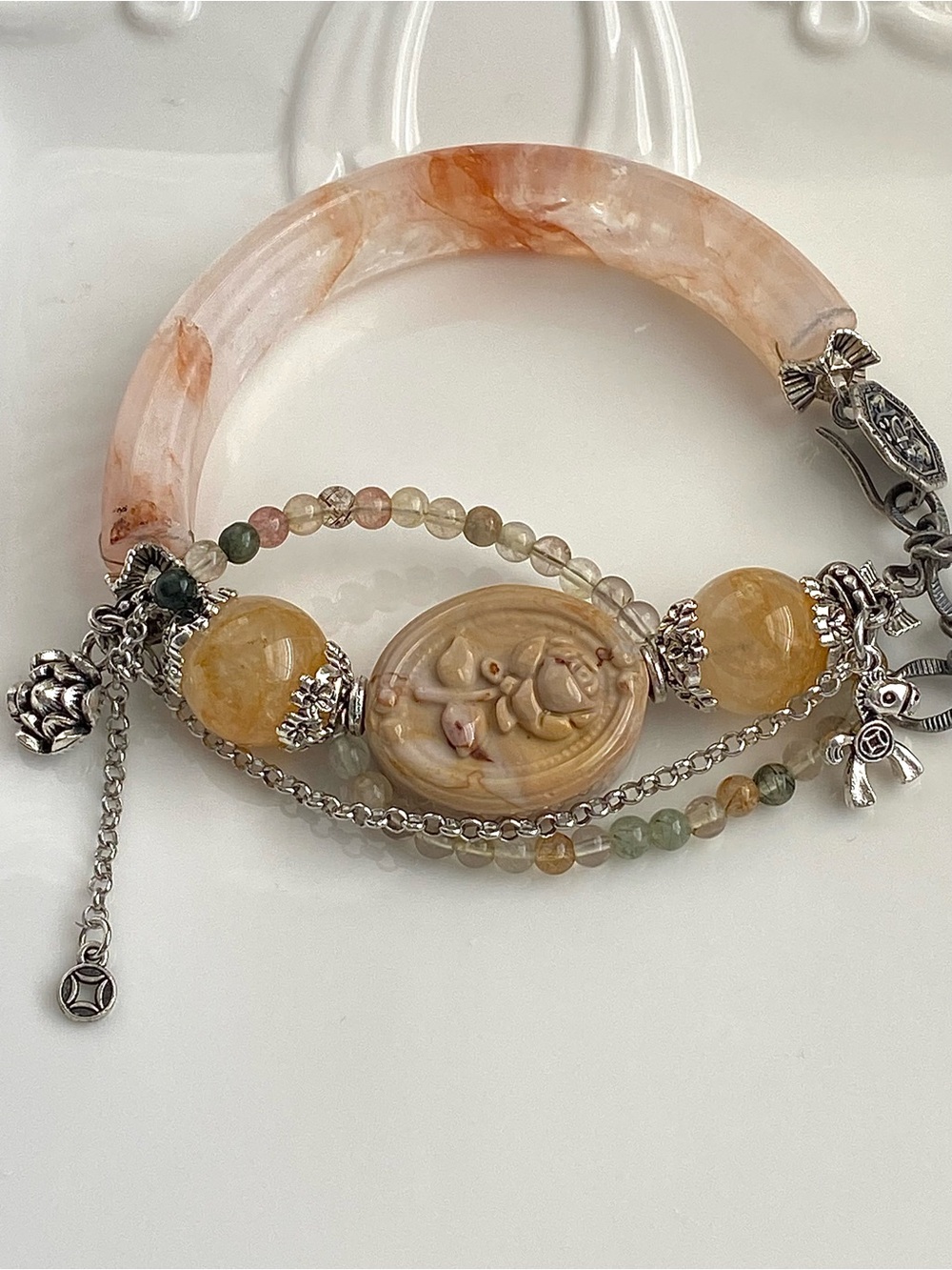 B195-Handmade Flower Quartz And Flower Carved Agate Stretchable Half Bangle